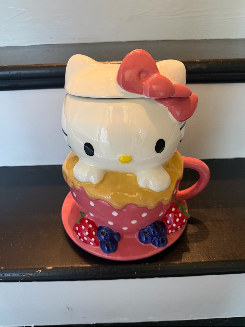 Hello Kitty Pink and Red Strawberry ceramic mug with berries cookie jar